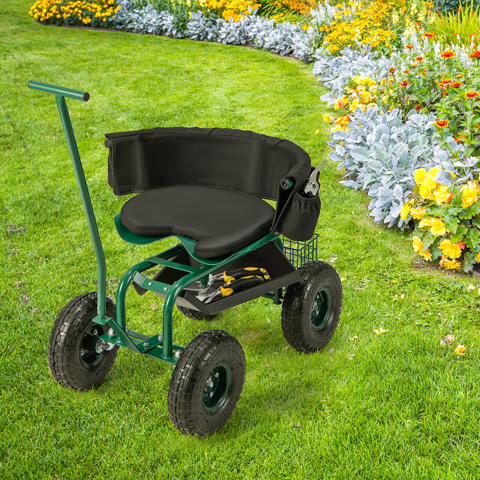 NEW Rolling Garden Cart Garden Scooter with Seat & Tool & Storage