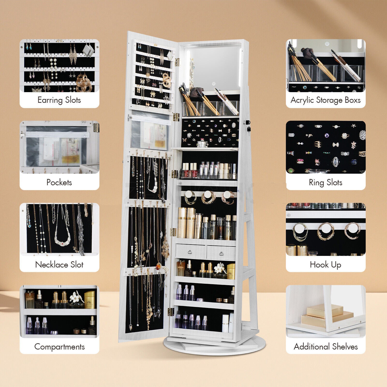360° Rotating Lockable Mirror Jewelry Cabinet Armoire with Built-in LED Lights NEW