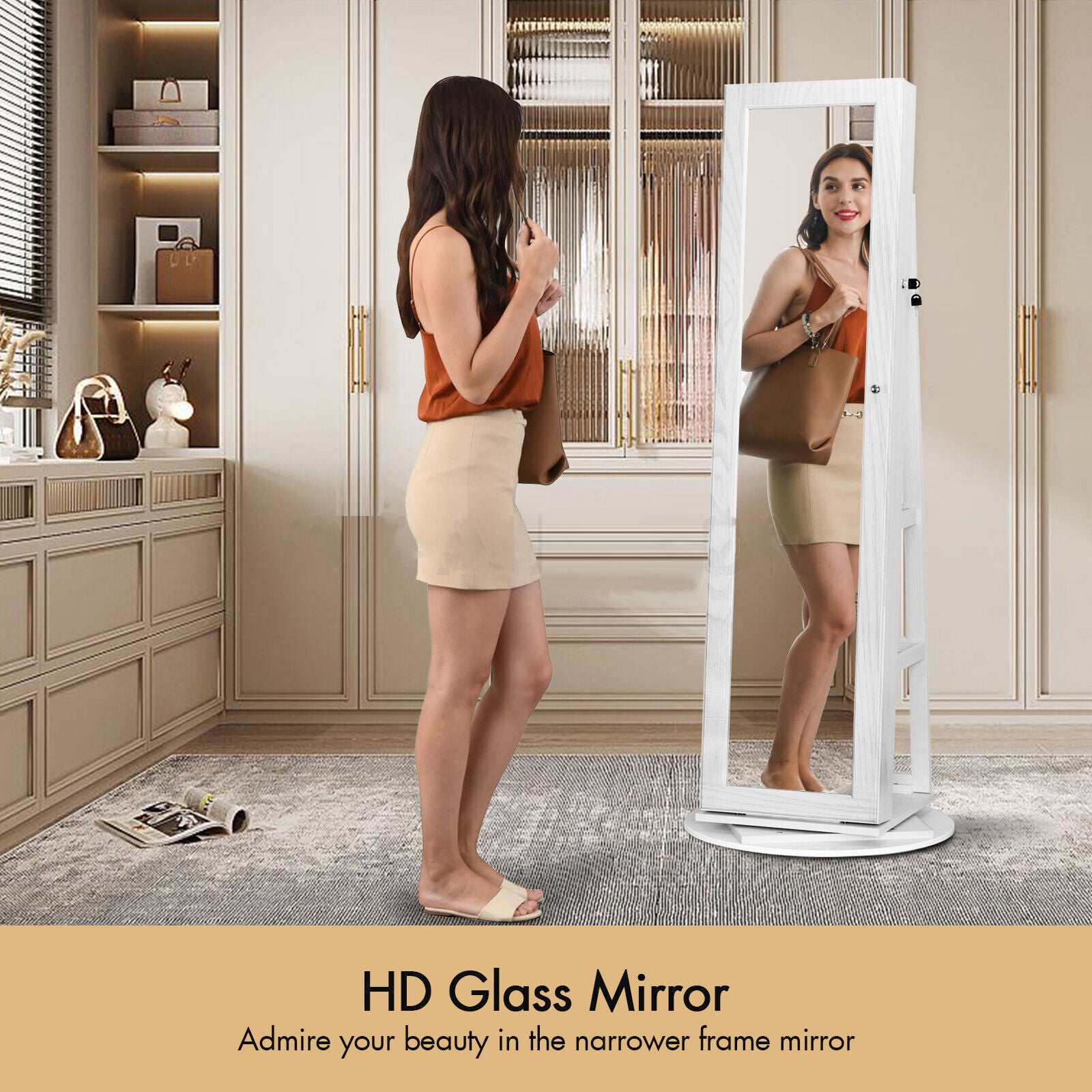 360° Rotating Lockable Mirror Jewelry Cabinet Armoire with Built-in LED Lights NEW