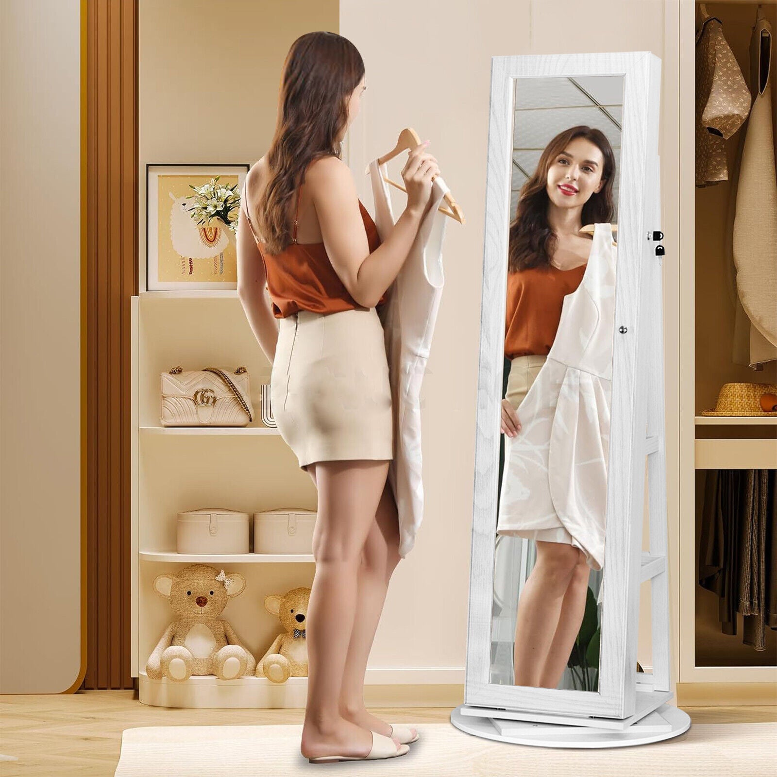 360° Rotating Lockable Mirror Jewelry Cabinet Armoire with Built-in LED Lights NEW