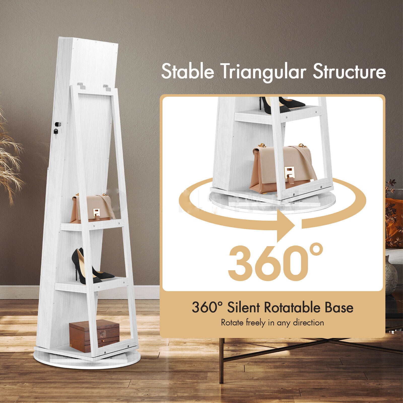 360° Rotating Lockable Mirror Jewelry Cabinet Armoire with Built-in LED Lights NEW