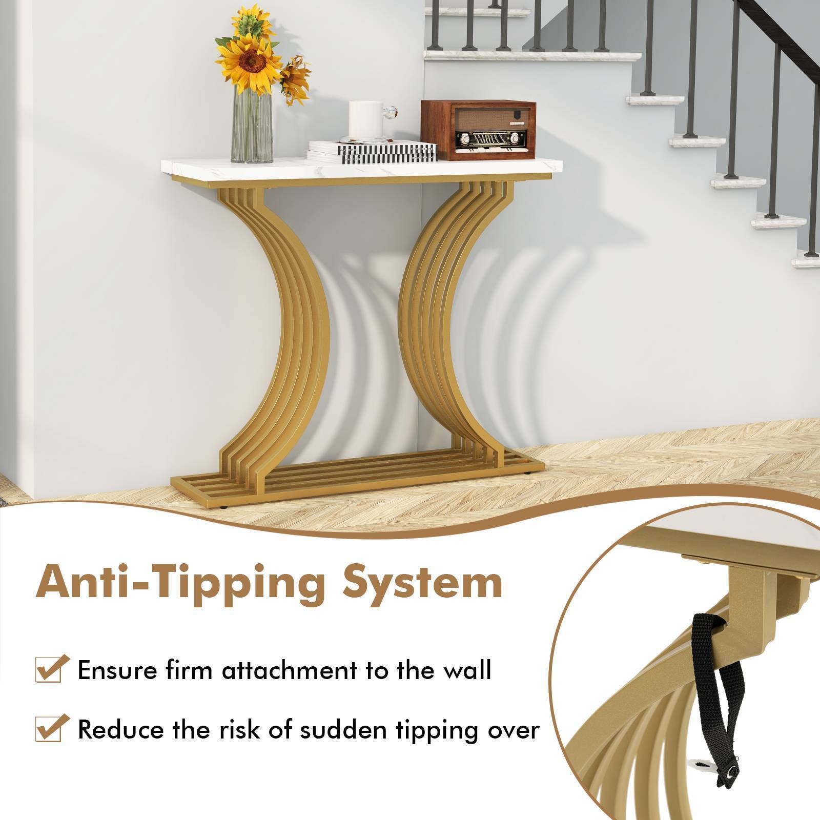 Modern Console Gold Entryway Table with White Faux Marble Tabletop 100CM