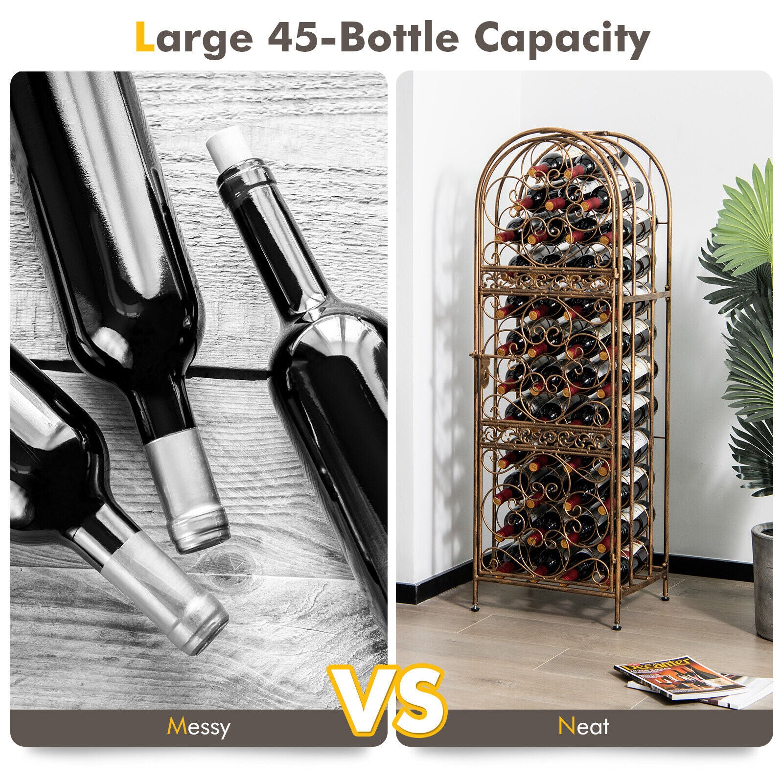 45-Bottle Golden Steel Wine Rack Arched Wine Storage Display Shelf Holder