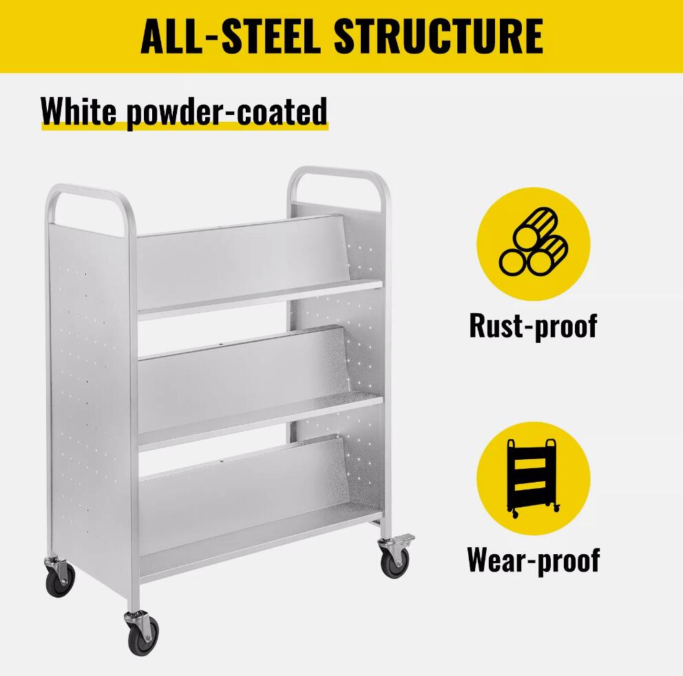Premium Double Sided 200 lbs Book Cart Library Cart W-Shaped Sloped Shelves AU
