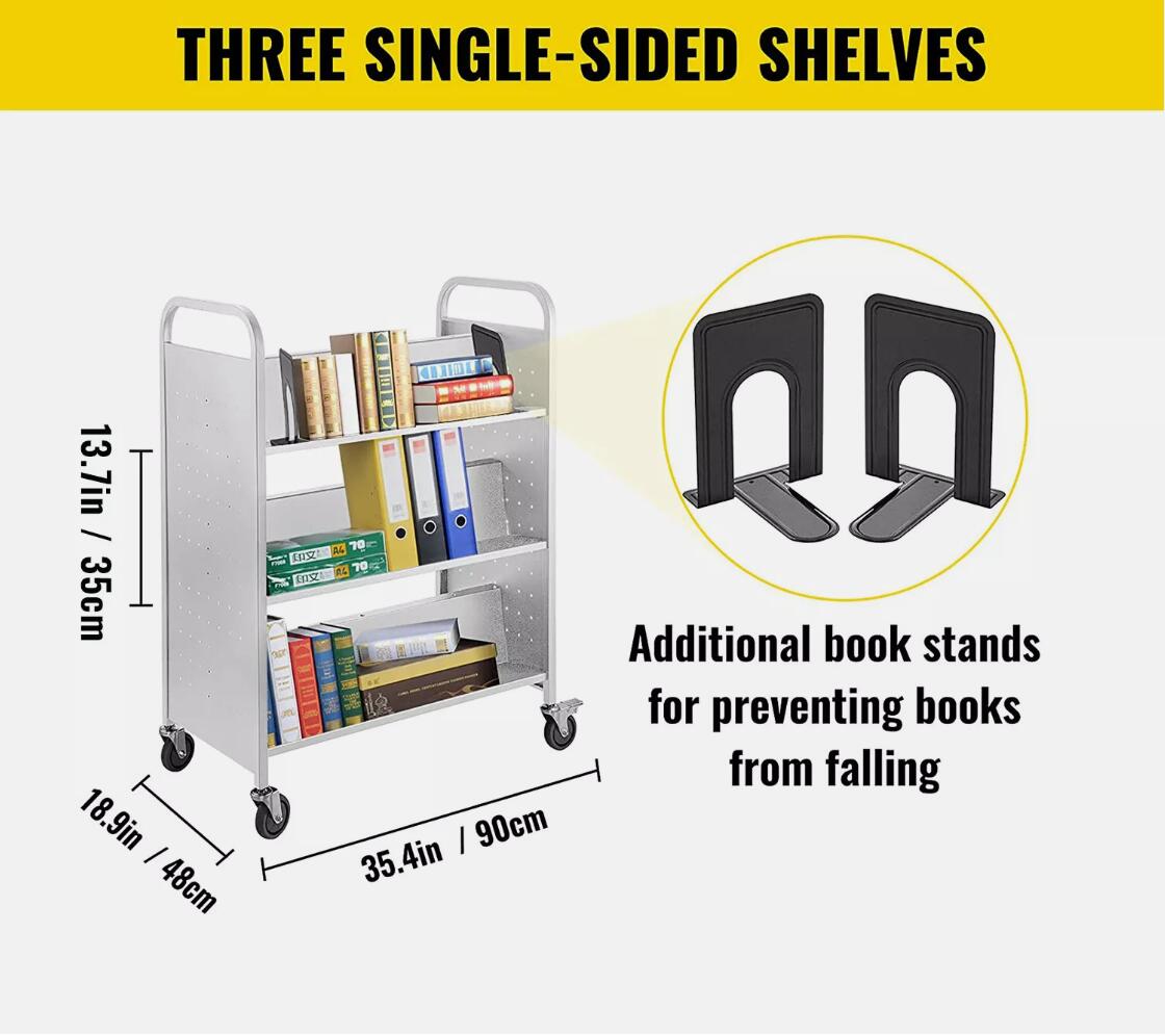 Premium Double Sided 200 lbs Book Cart Library Cart W-Shaped Sloped Shelves AU