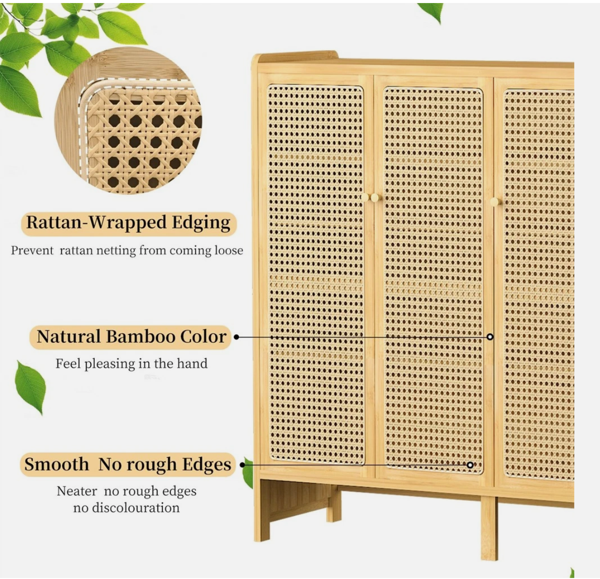 5-Tier Bamboo Shoe Cabinet Shoes Rack Organizer with 3 Rattan Doors Hallway