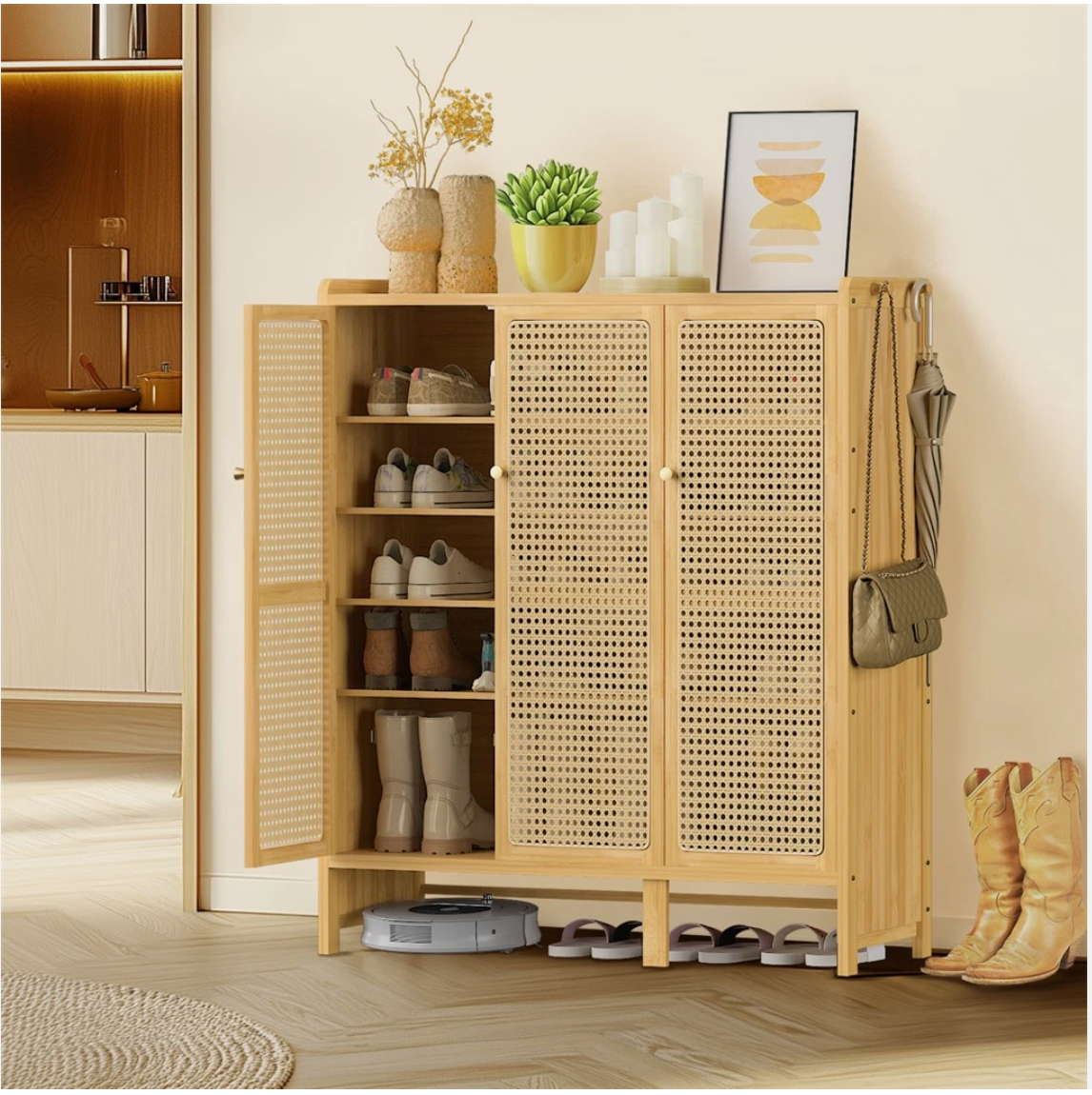 5-Tier Bamboo Shoe Cabinet Shoes Rack Organizer with 3 Rattan Doors Hallway