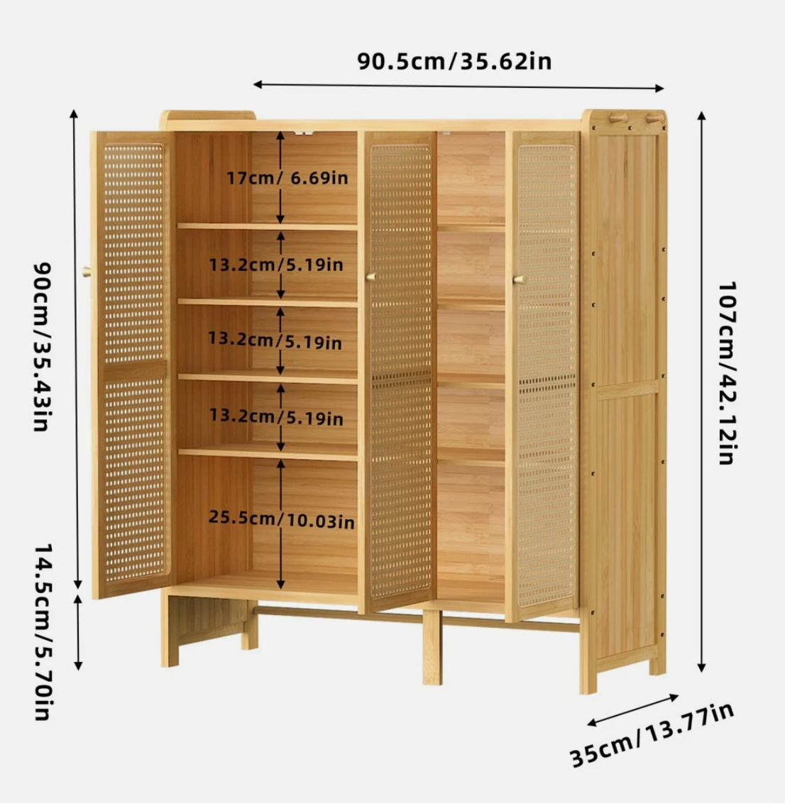 5-Tier Bamboo Shoe Cabinet Shoes Rack Organizer with 3 Rattan Doors Hallway