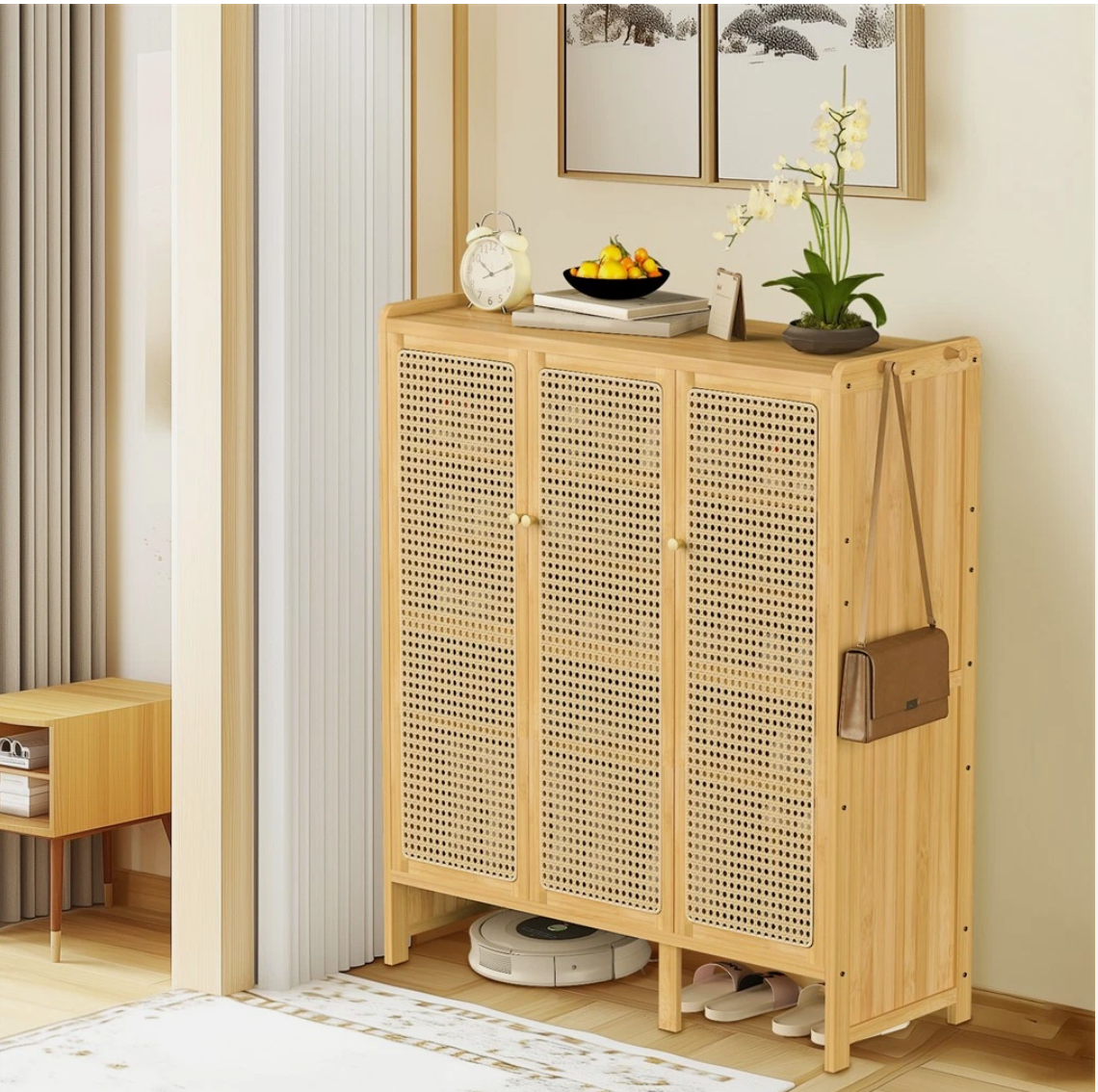 5-Tier Bamboo Shoe Cabinet Shoes Rack Organizer with 3 Rattan Doors Hallway