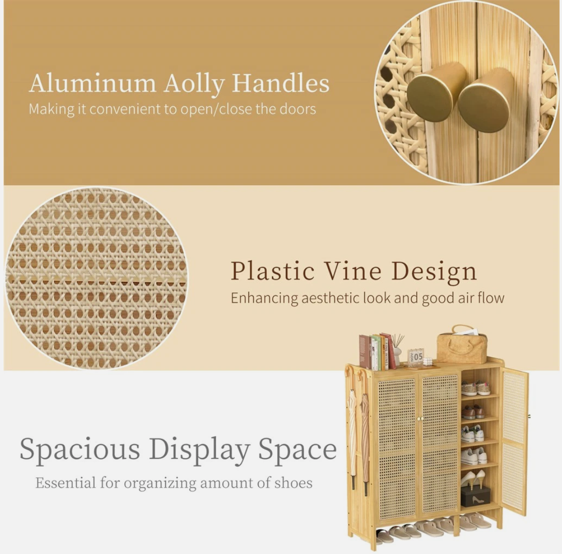 5-Tier Bamboo Shoe Cabinet Shoes Rack Organizer with 3 Rattan Doors Hallway