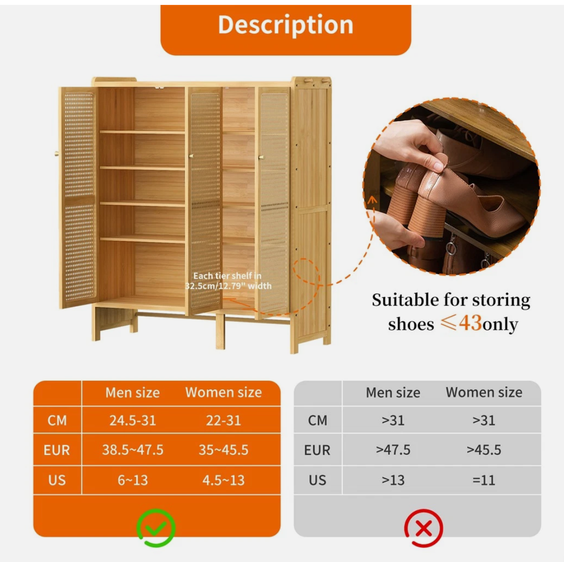 5-Tier Bamboo Shoe Cabinet Shoes Rack Organizer with 3 Rattan Doors Hallway