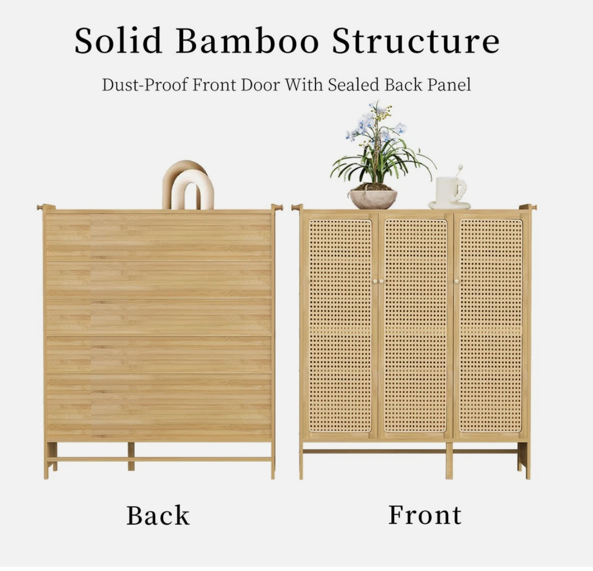 5-Tier Bamboo Shoe Cabinet Shoes Rack Organizer with 3 Rattan Doors Hallway