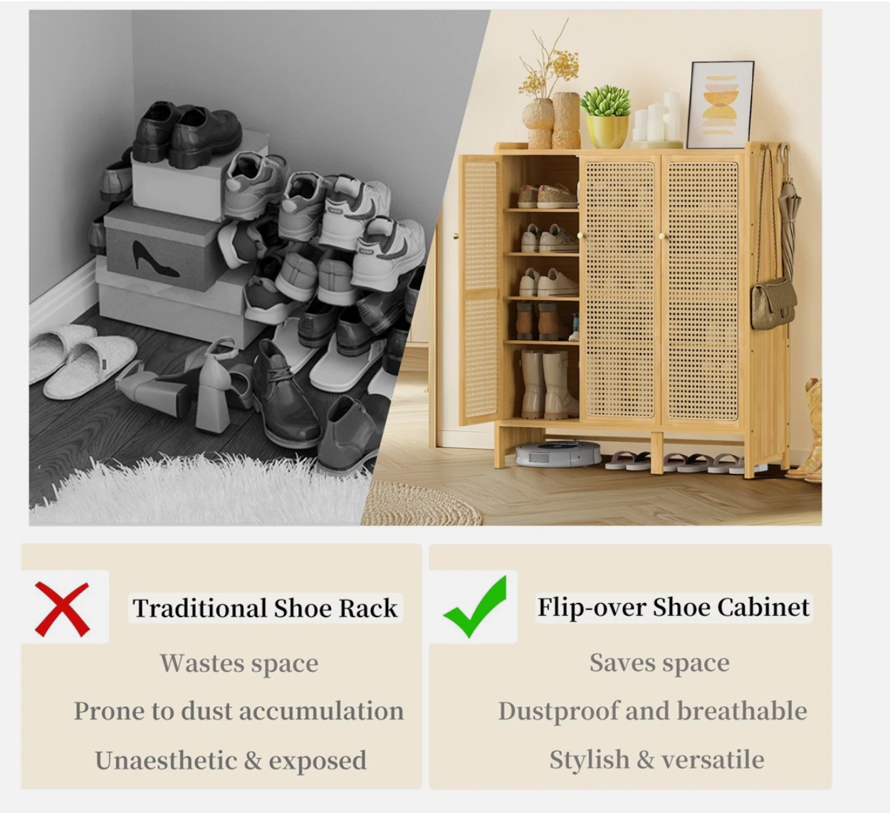 5-Tier Bamboo Shoe Cabinet Shoes Rack Organizer with 3 Rattan Doors Hallway