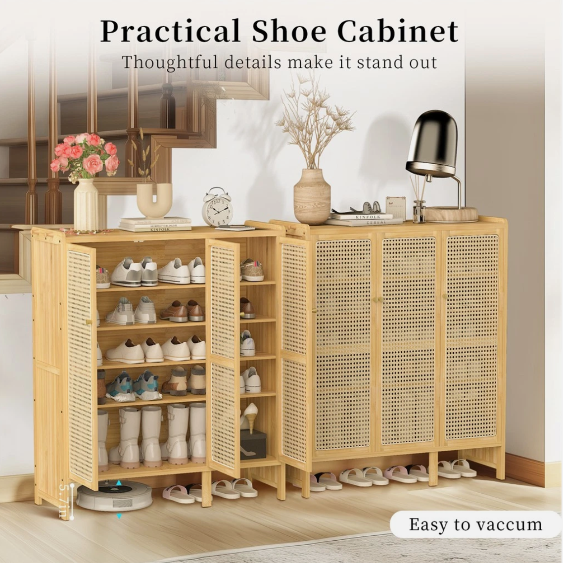 5-Tier Bamboo Shoe Cabinet Shoes Rack Organizer with 3 Rattan Doors Hallway