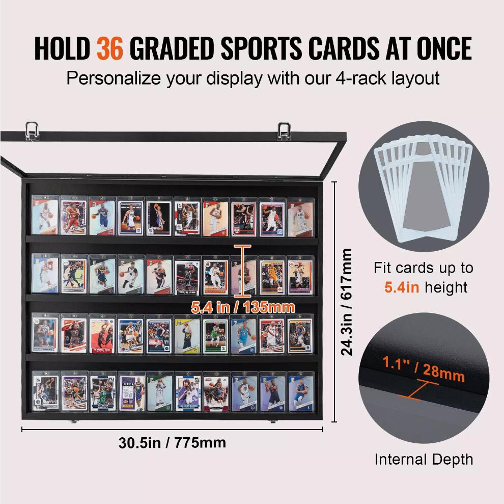 775 x 617 x 55 mm Graded Sports Card Display Wood Case With Clear UV Protection
