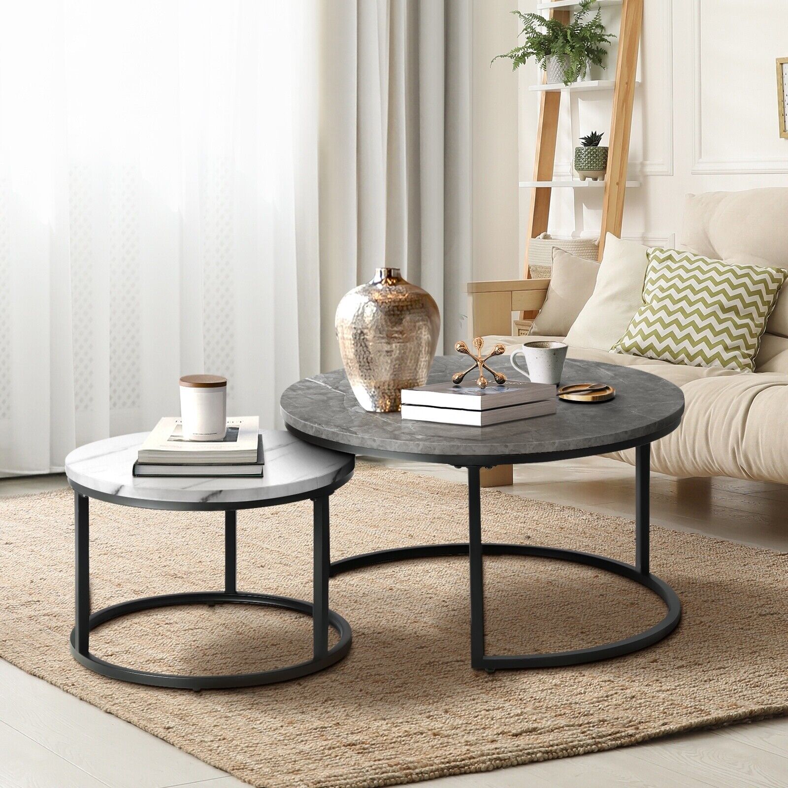 PREMIUM Set of 2 Round Marble Coffee Table Nesting Side End Tables