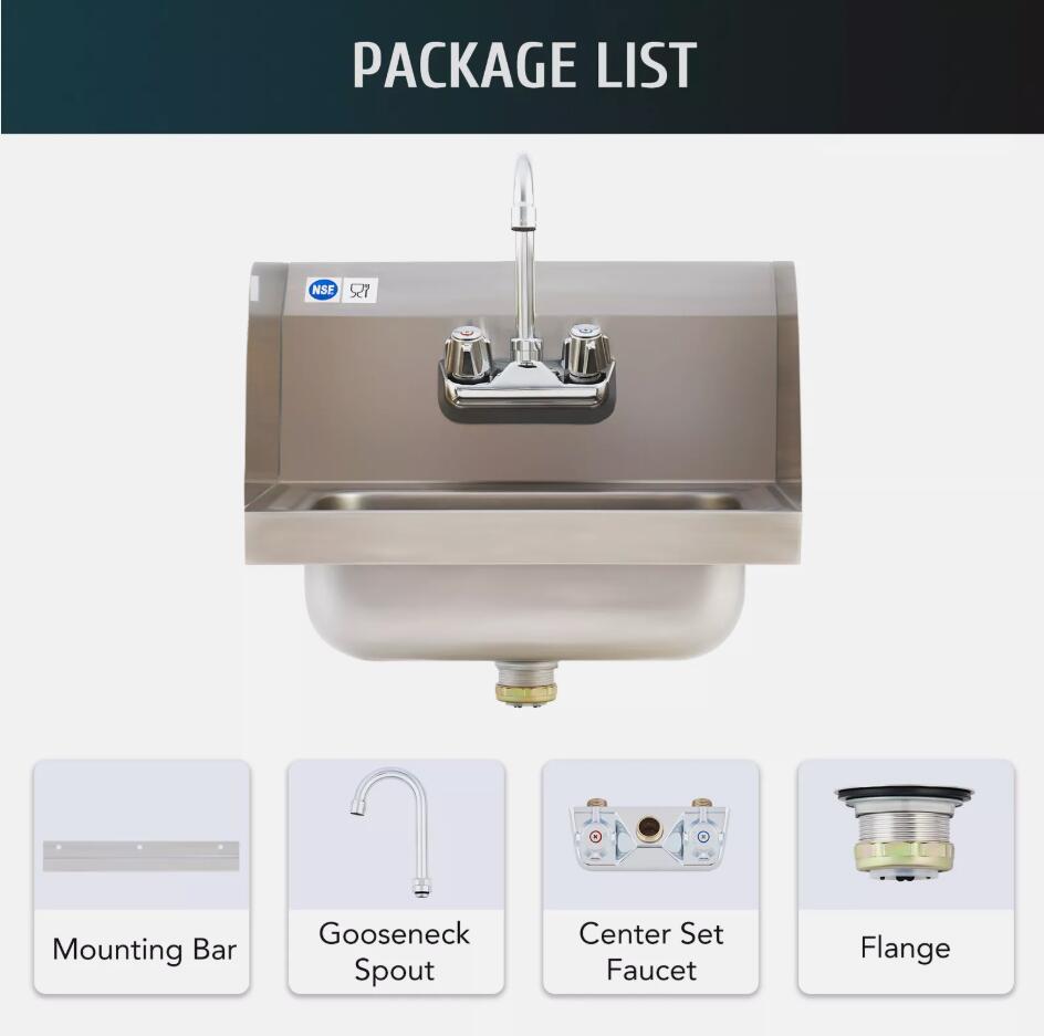 14" Stainless Steel Wall Mount Hand Wash Sink Commercial Utility Basin NSF Certified