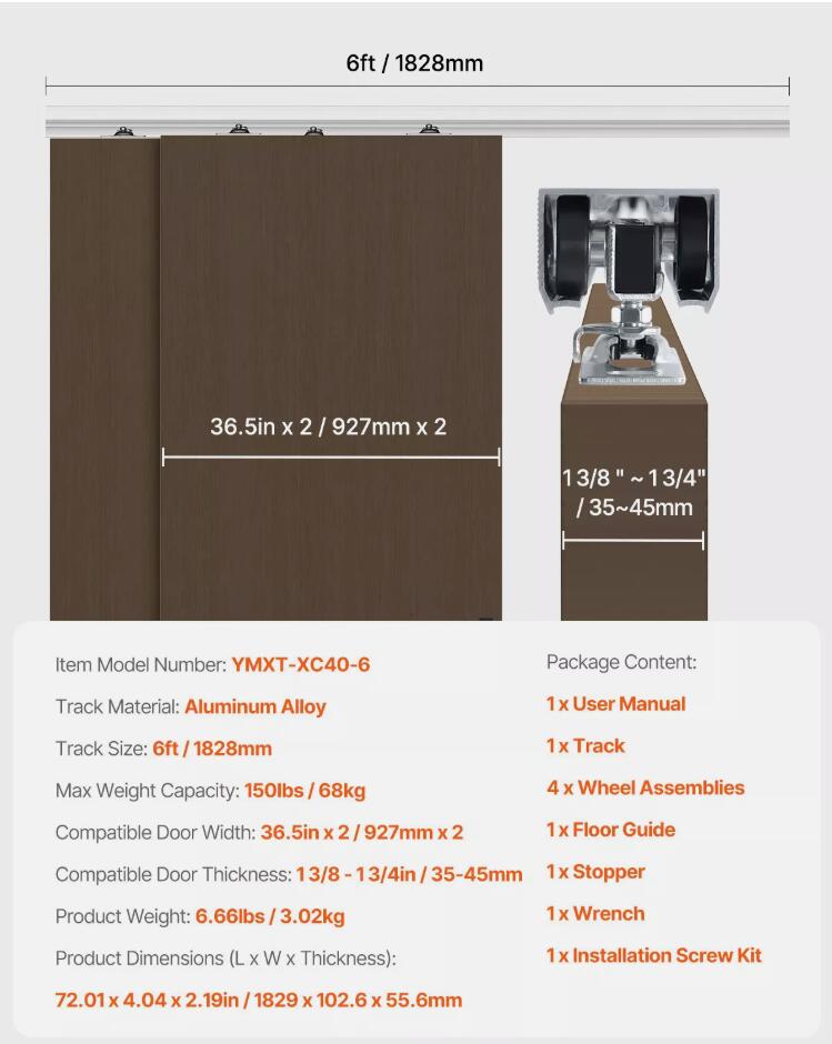1.83M Durable Bypass Door Hardware Closet Door Track Kit for 2 Door System AU