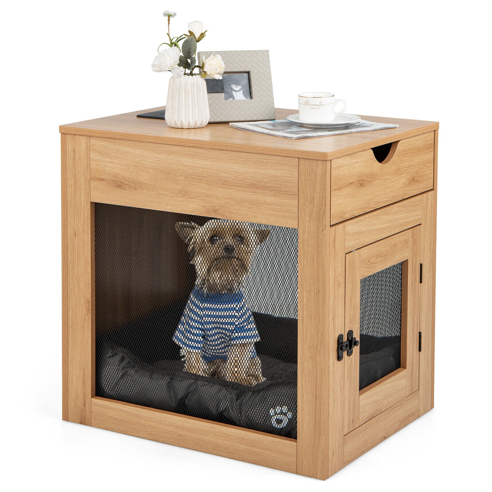 Dog Crate Cage Kennel Pet House Table Nightstand with Dog Bed