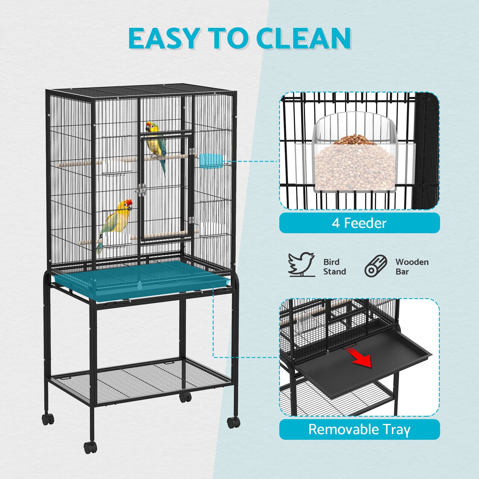 135CM Large Bird Cage Stand-alone Aviary Parrot Budgie Wheel 2 Perches