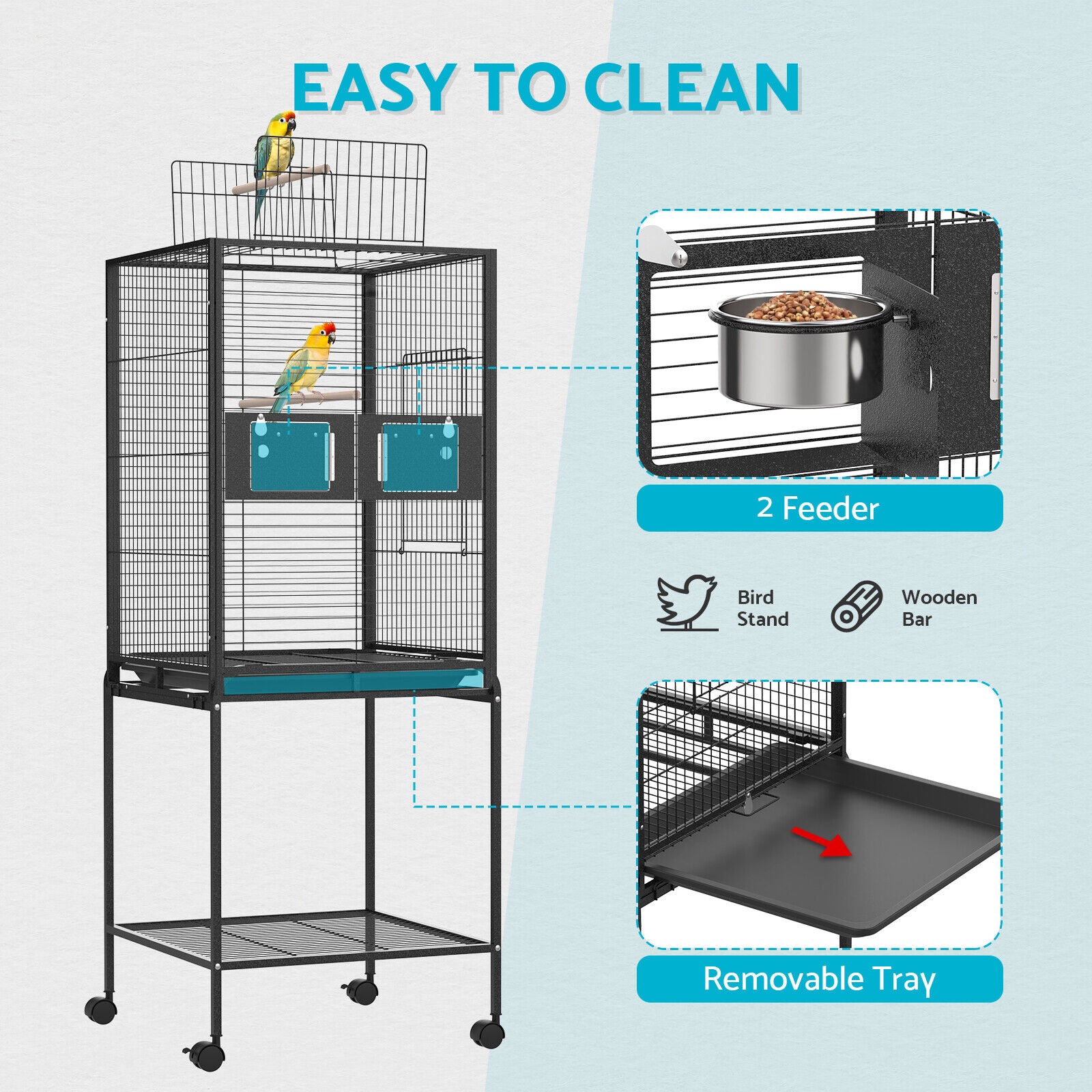 146CM Bird Cage Top 2 Perches Aviary Parrot Budgie Tray With Wheel