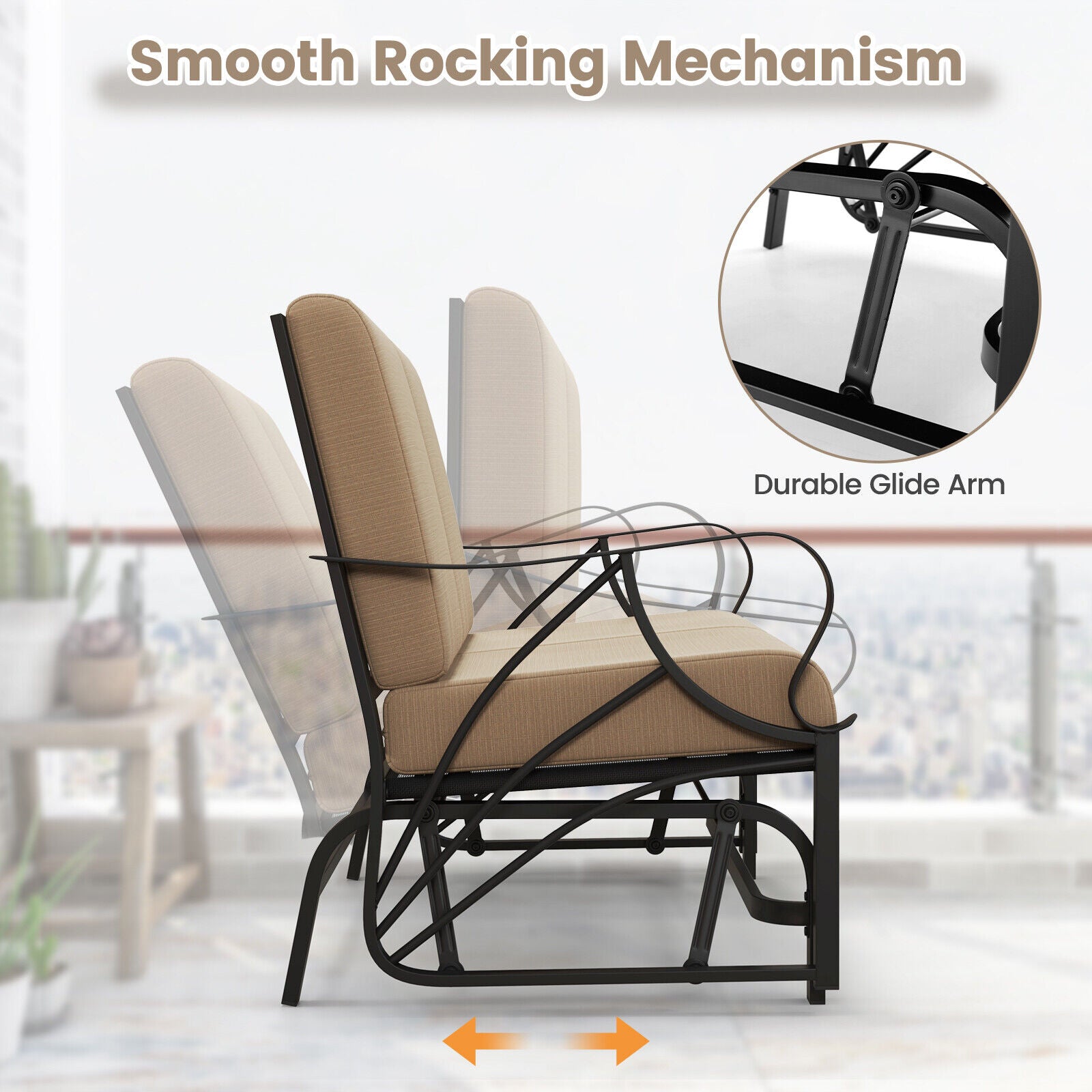 Durable Metal 2 Person Patio Glider Rocking Chair Cushioned Loveseat Garden Yard 300kg