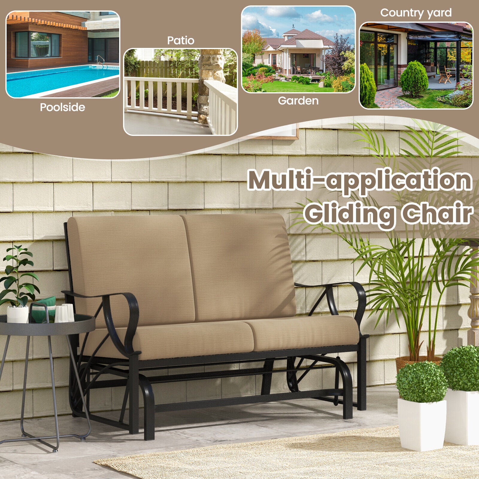 Durable Metal 2 Person Patio Glider Rocking Chair Cushioned Loveseat Garden Yard 300kg