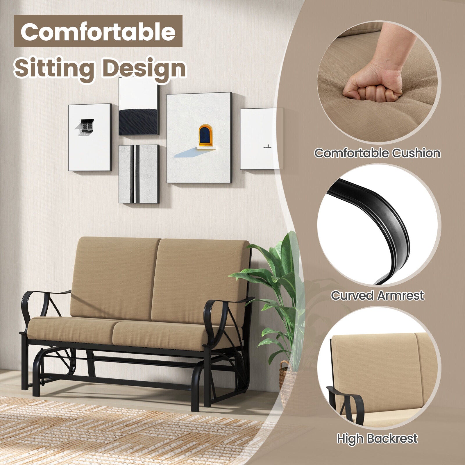 Durable Metal 2 Person Patio Glider Rocking Chair Cushioned Loveseat Garden Yard 300kg