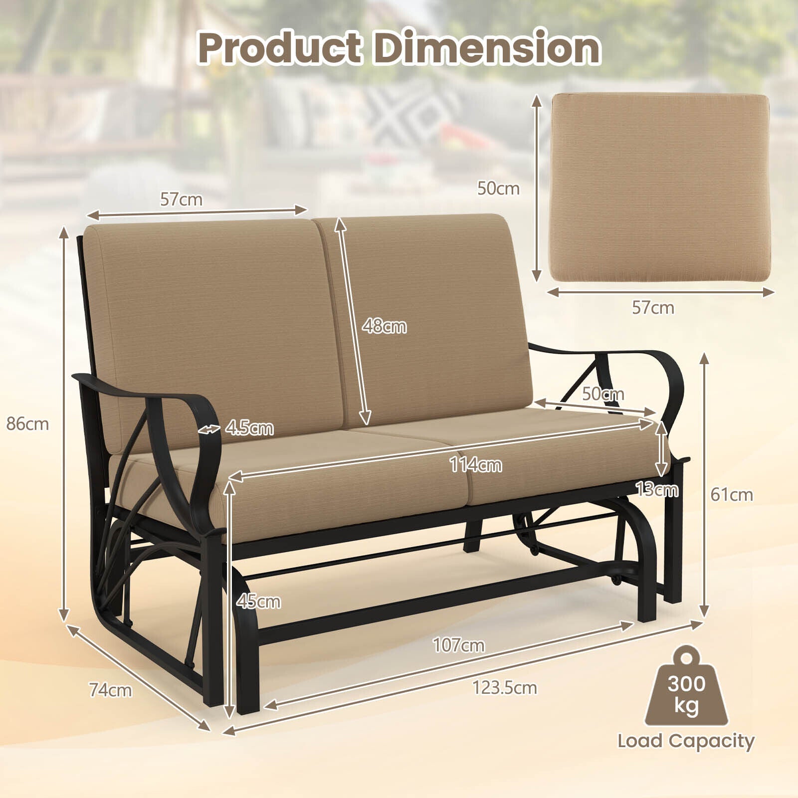 Durable Metal 2 Person Patio Glider Rocking Chair Cushioned Loveseat Garden Yard 300kg