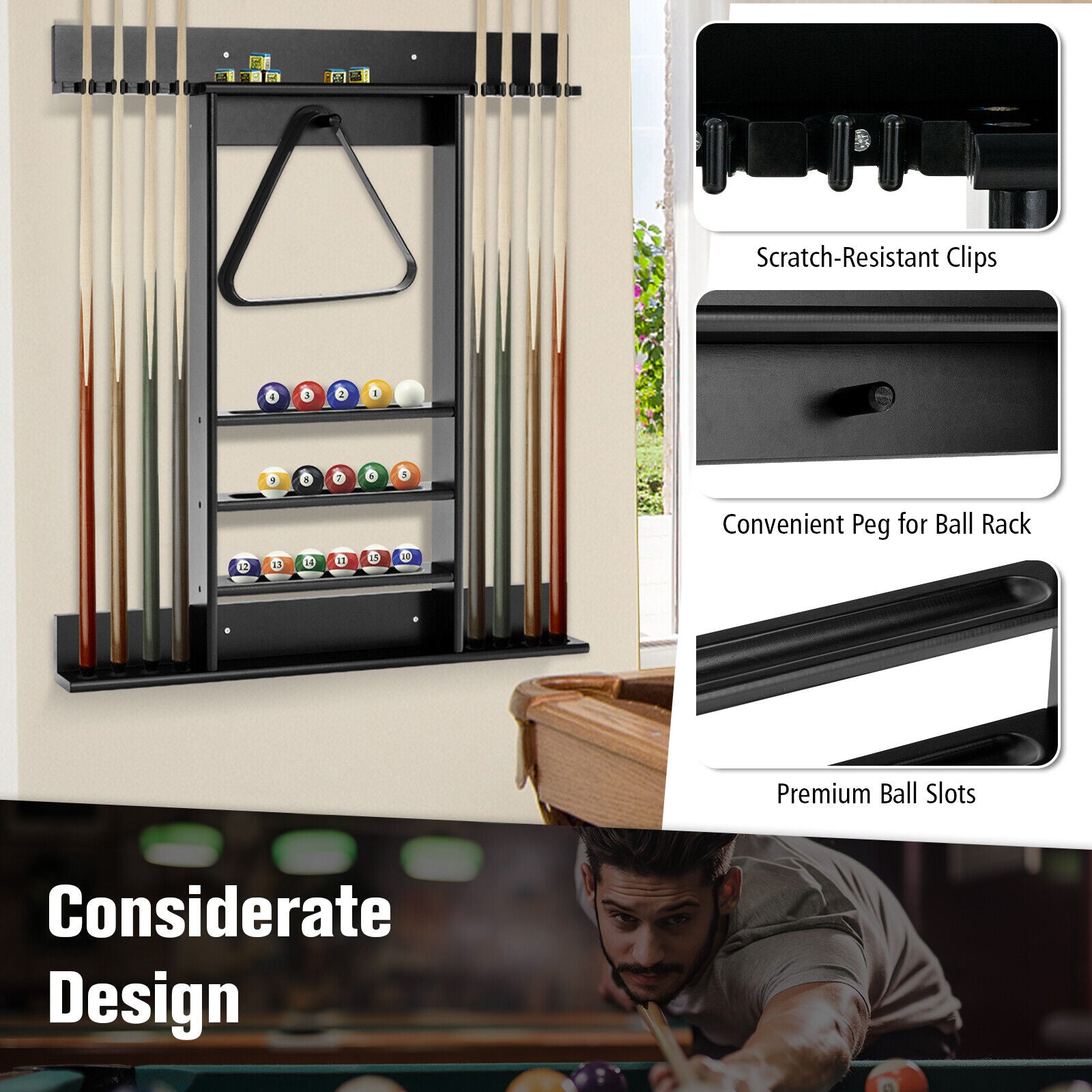 AU Wall-mounted Billiard Cue Rack Only Billiard Stick Holder Wall Pool Stick Holder