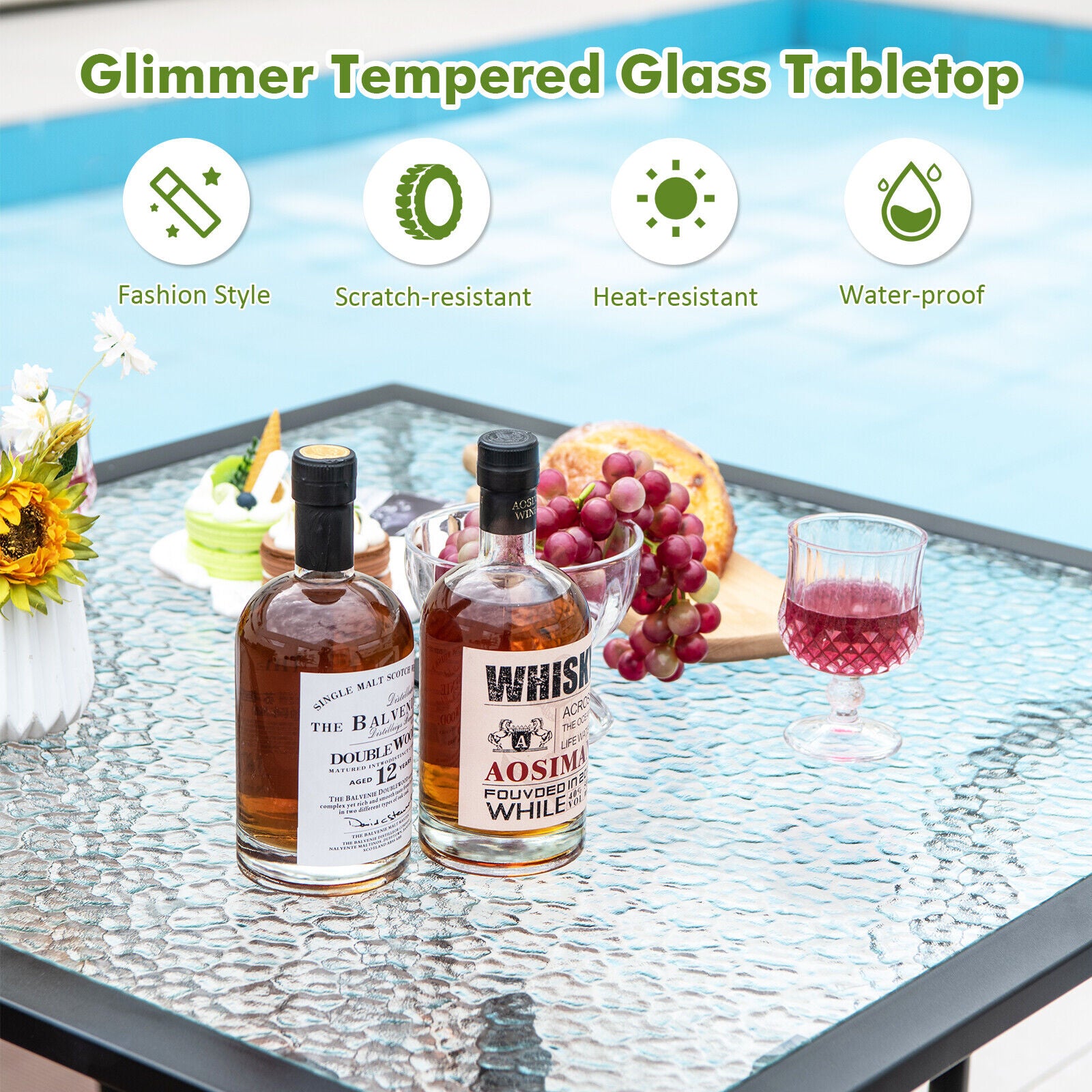 89CM Outdoor Tempered Glass Top Patio Bistro Dining Table With 38 mm Umbrella Hole