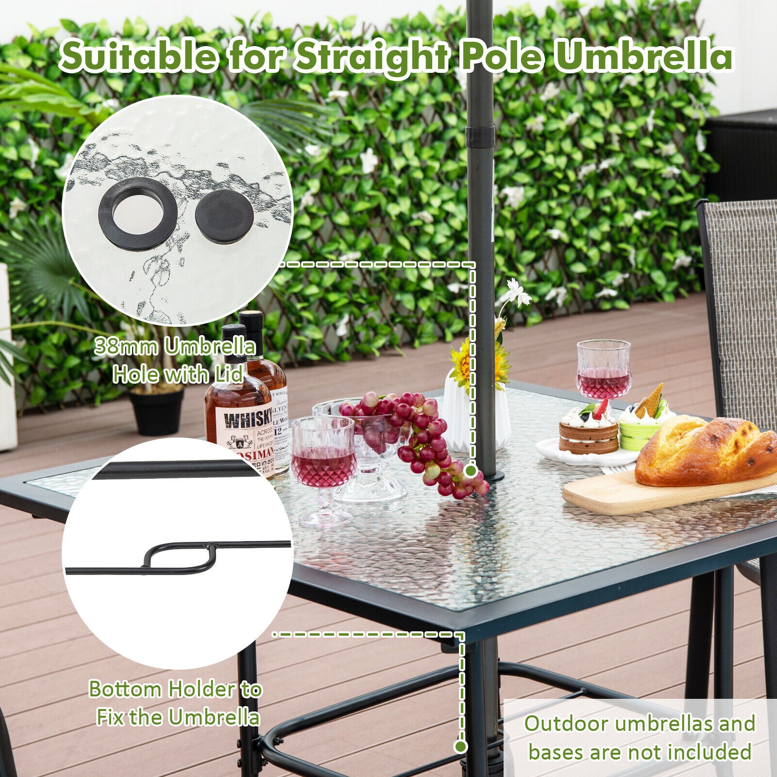 89CM Outdoor Tempered Glass Top Patio Bistro Dining Table With 38 mm Umbrella Hole