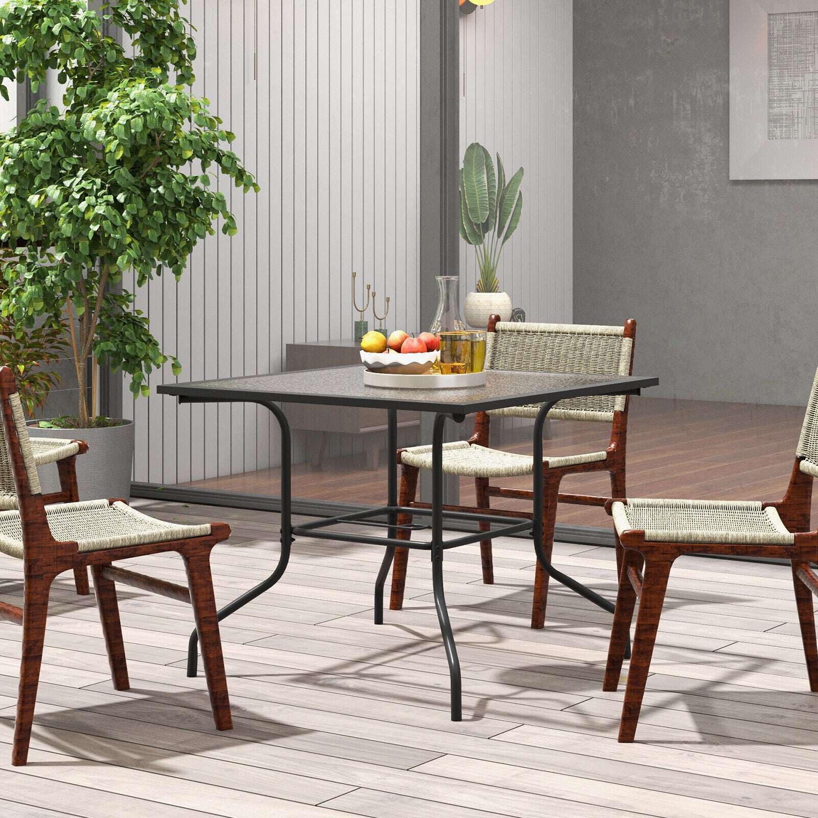 89CM Outdoor Tempered Glass Top Patio Bistro Dining Table With 38 mm Umbrella Hole