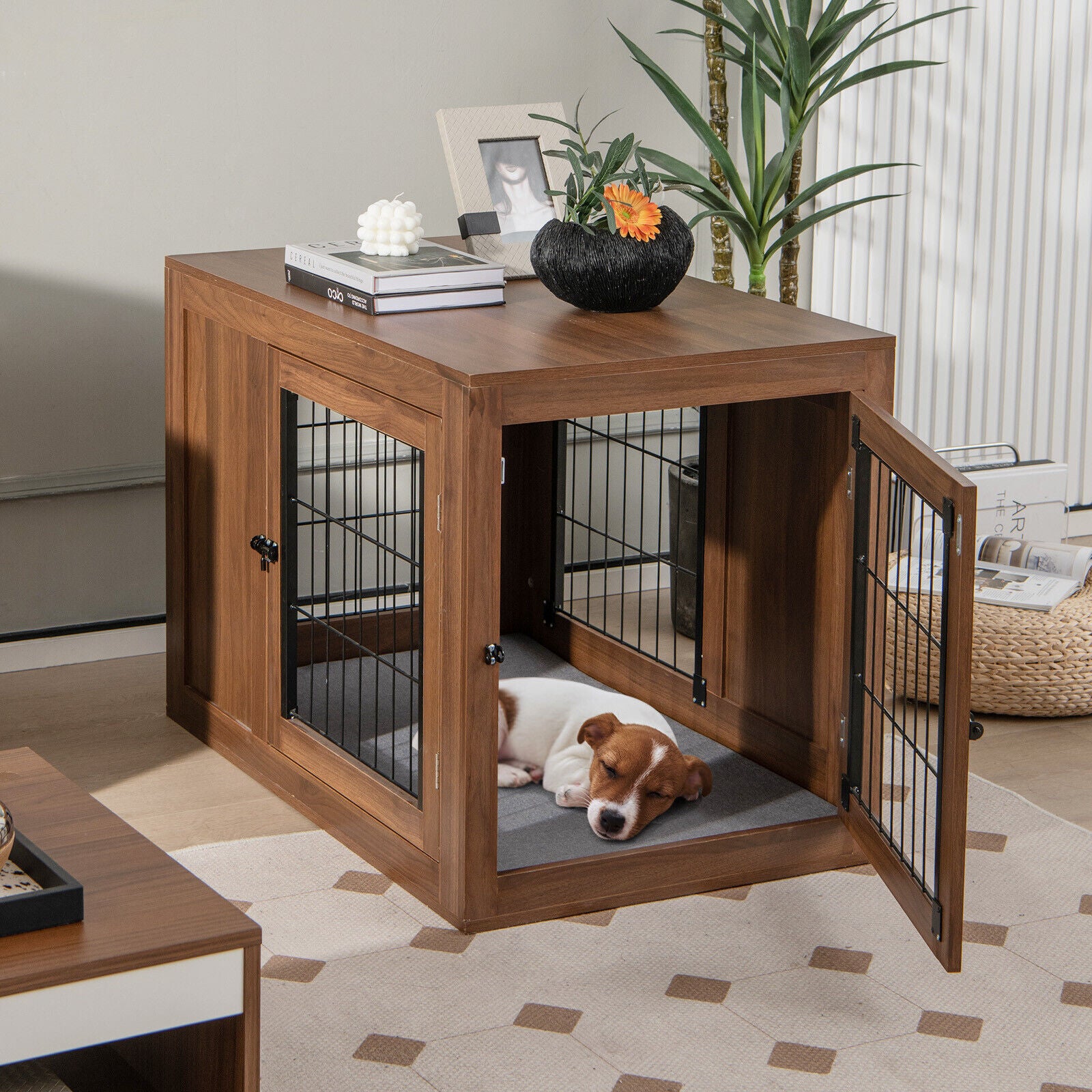 2-in-1 Dog Crate End Table Kennel with Cushion and Double Doors