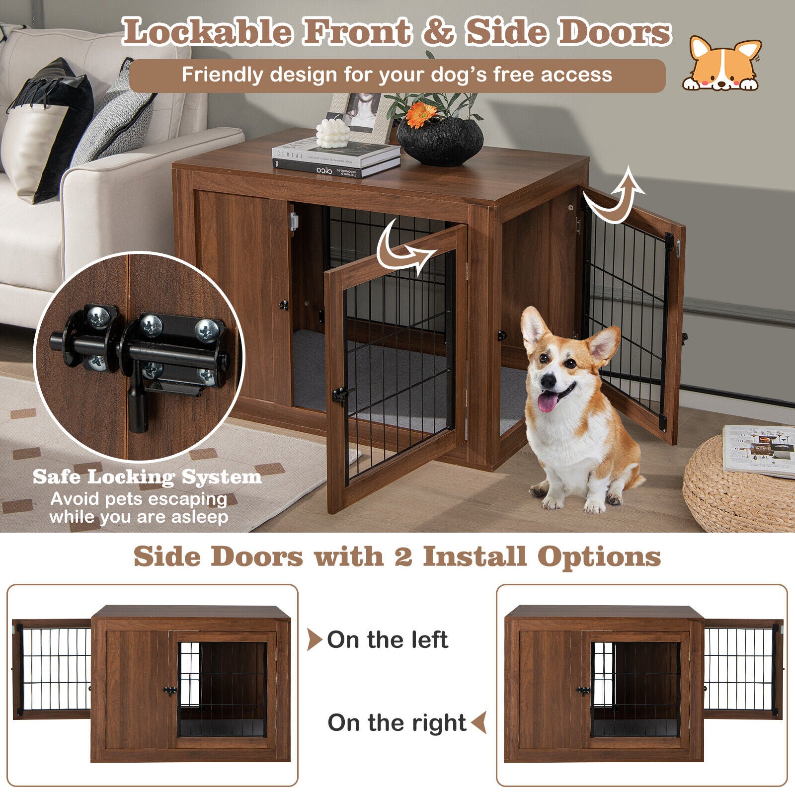 2-in-1 Dog Crate End Table Kennel with Cushion and Double Doors