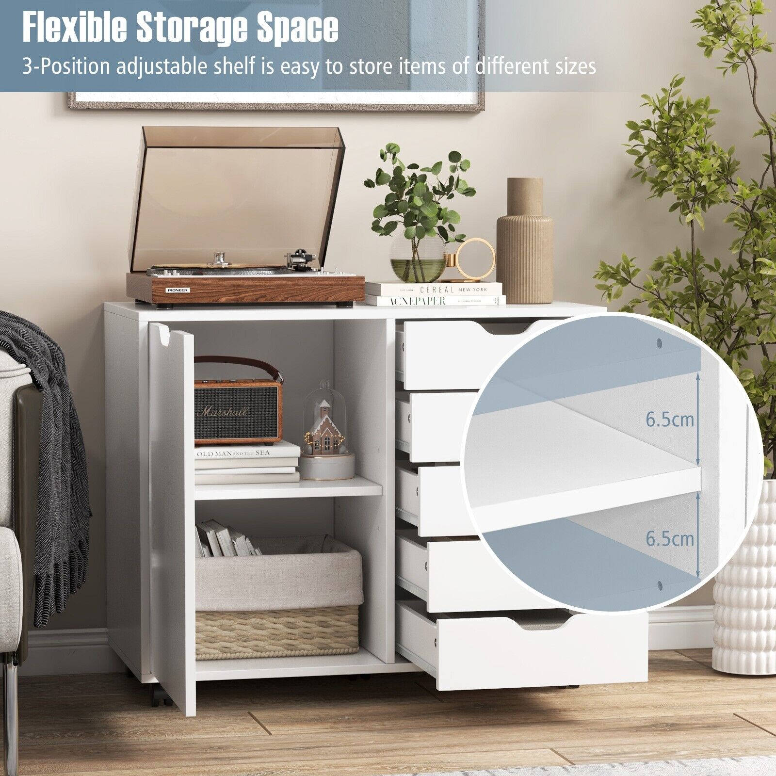 5-Drawer Modern Storage Cabinet Mobile Printer Stand Dresser With Wheel