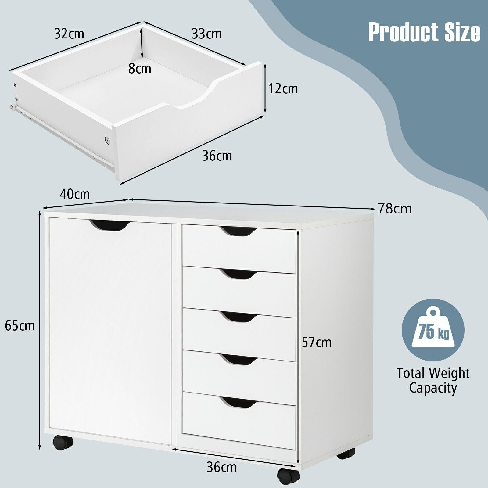 5-Drawer Modern Storage Cabinet Mobile Printer Stand Dresser With Wheel