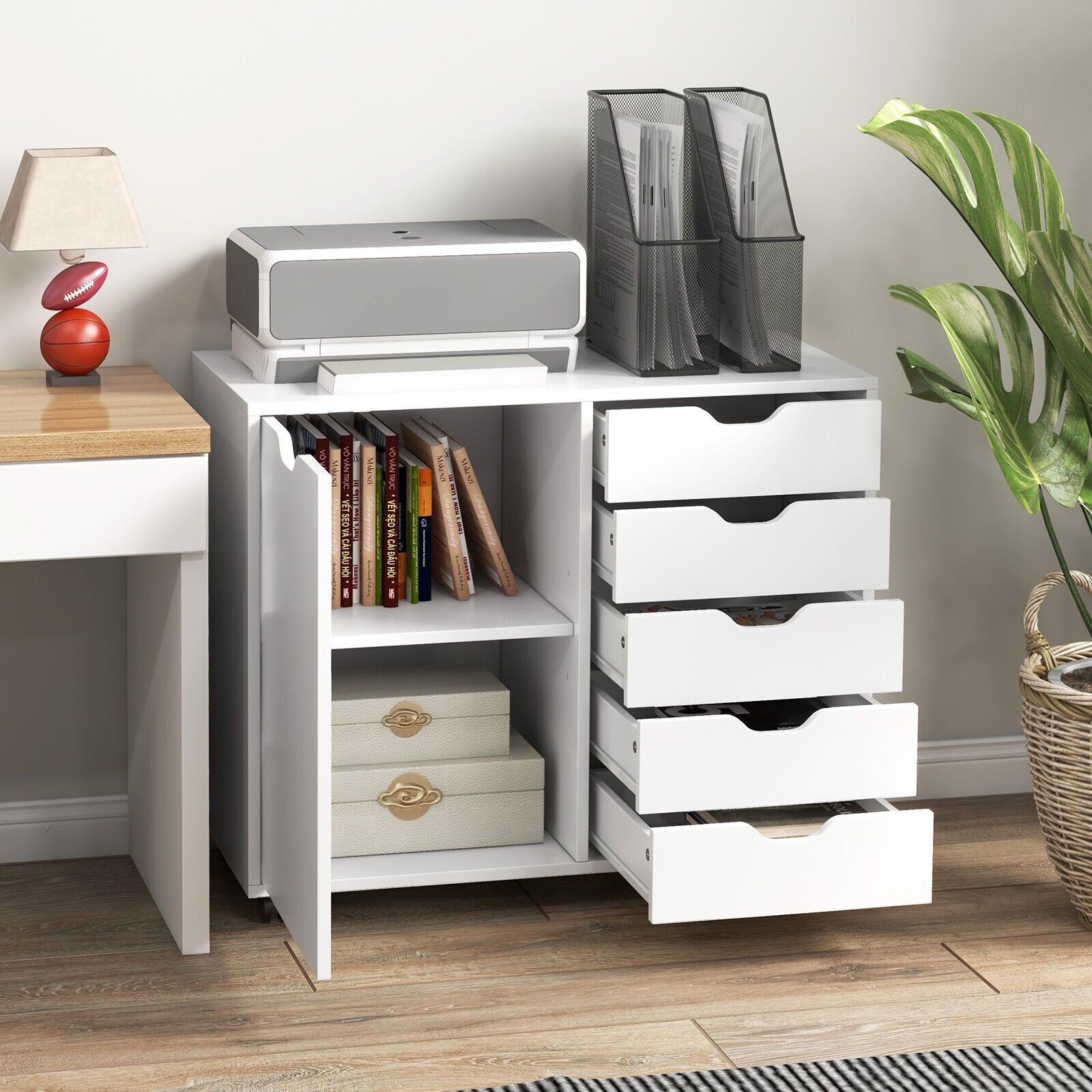 5-Drawer Modern Storage Cabinet Mobile Printer Stand Dresser With Wheel