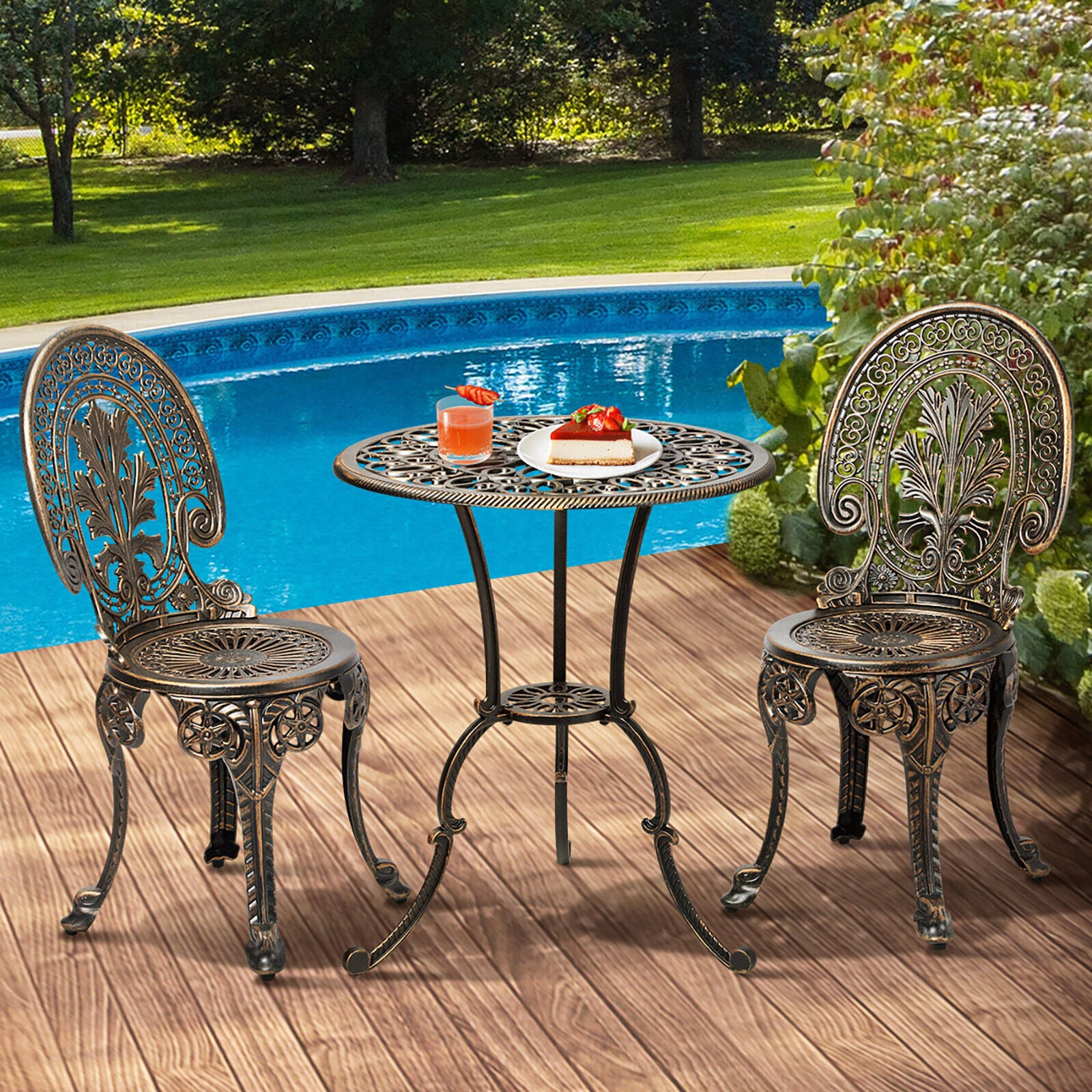 3PCS Premium Outdoor Cast Aluminium Table and Chair Bistro Setting Patio Set Bronze