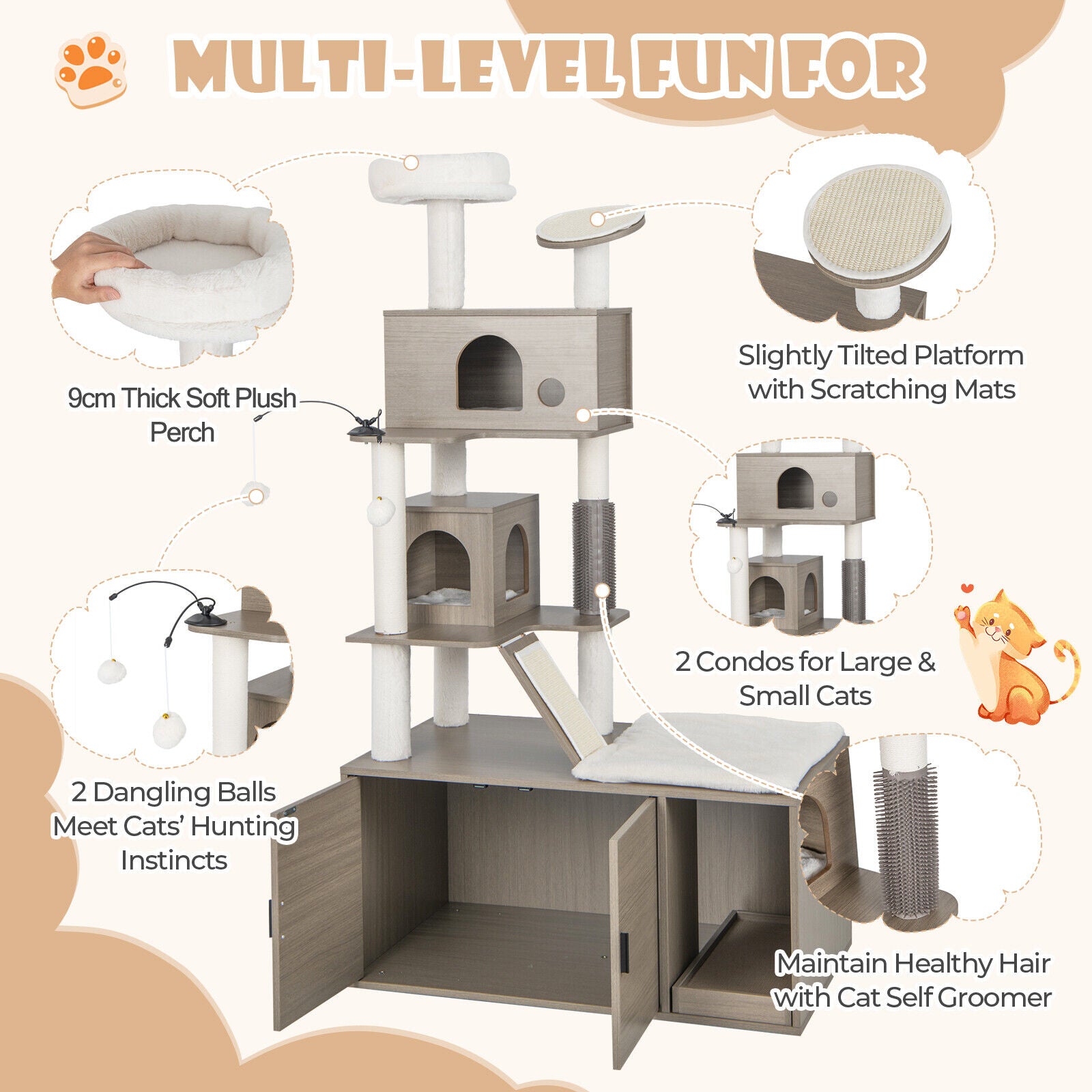 2In1 Cat Tree Tower Litter Box Enclosure Pet Condo House Bed