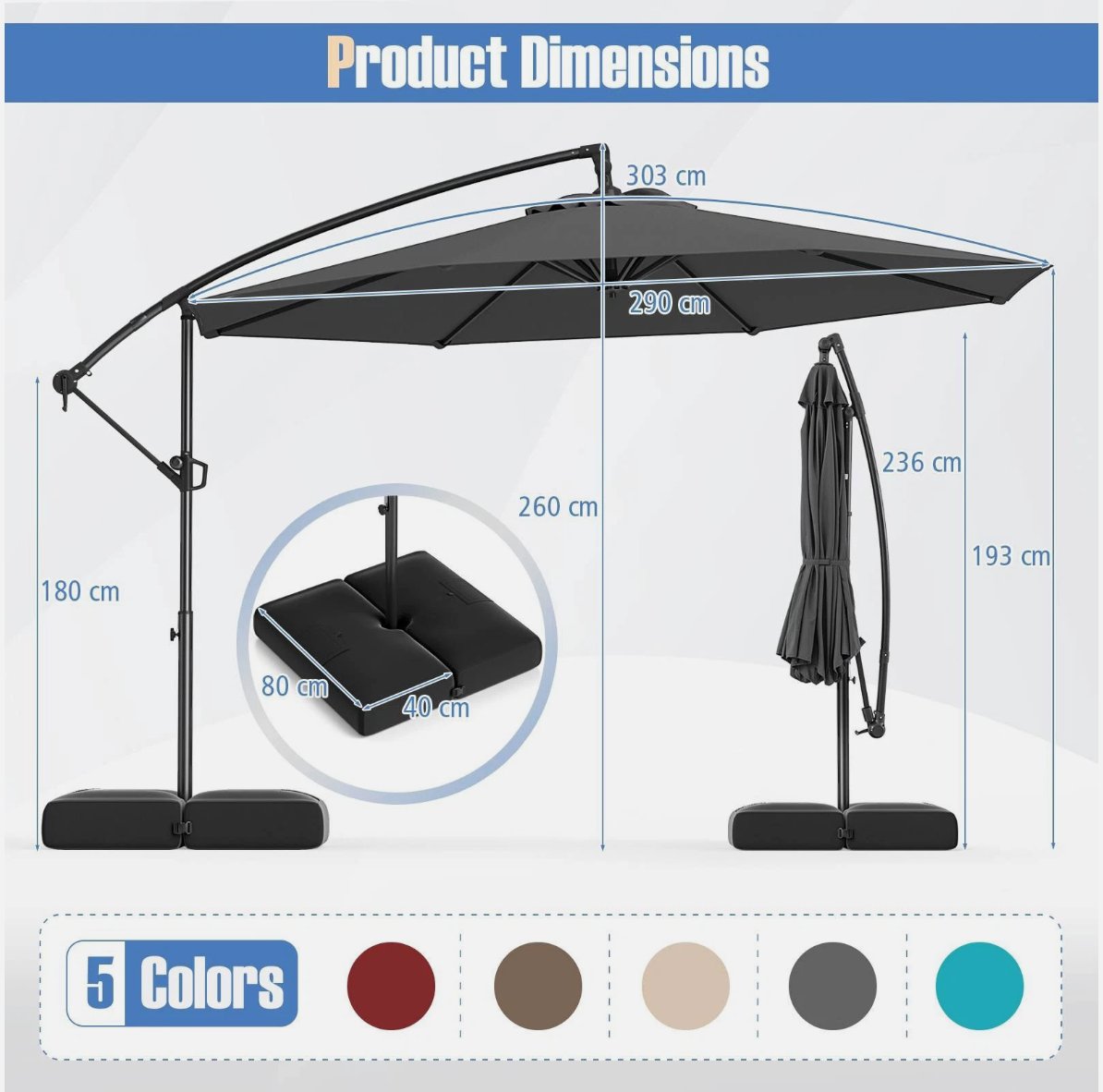 Tilt& 360° Rotation 3m Offset Hanging Umbrella outdoor- Grey
