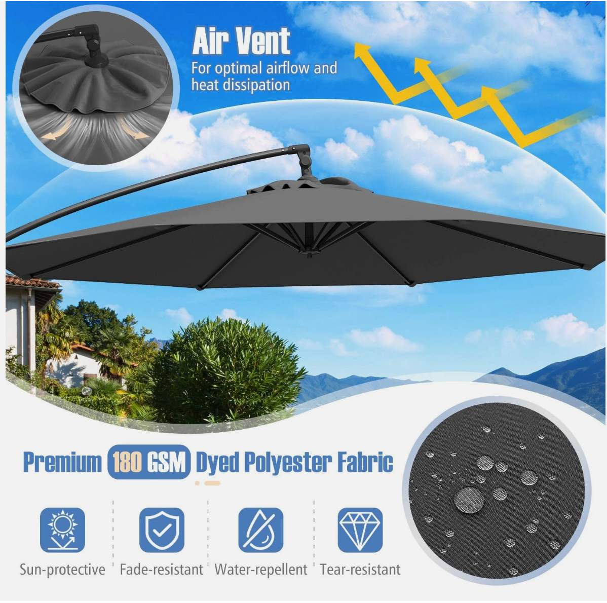 Tilt& 360° Rotation 3m Offset Hanging Umbrella outdoor- Grey