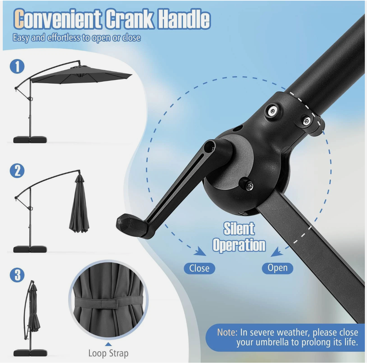 Tilt& 360° Rotation 3m Offset Hanging Umbrella outdoor- Grey