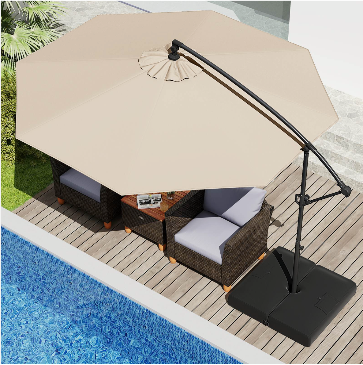 Tilt& 360° Rotation 3m Offset Hanging Umbrella outdoor- Beige
