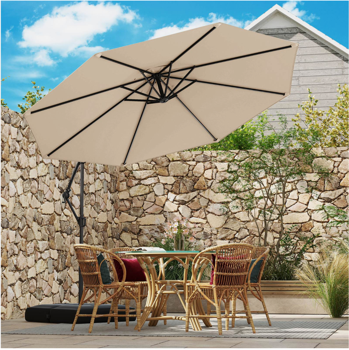 Tilt& 360° Rotation 3m Offset Hanging Umbrella outdoor- Beige