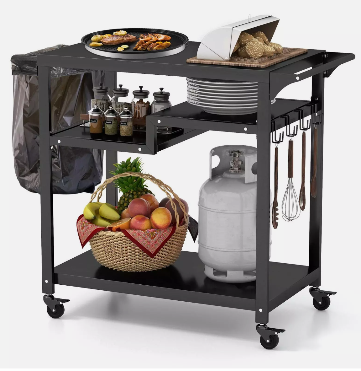 Outdoor Dining Cart Table Pizza Oven Table 3-Shelf Movable BBQ Cart