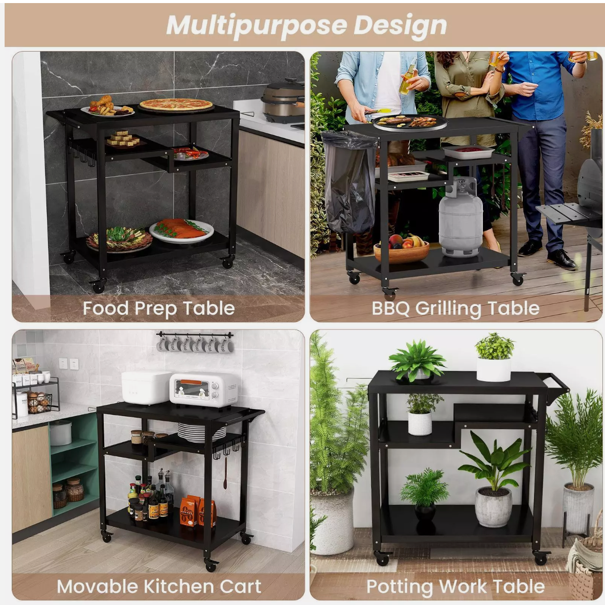 Outdoor Dining Cart Table Pizza Oven Table 3-Shelf Movable BBQ Cart
