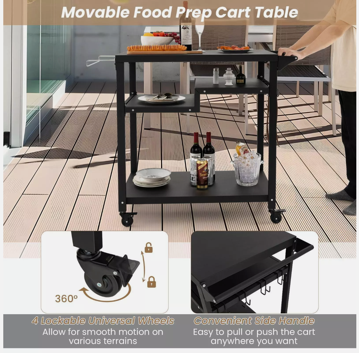 Outdoor Dining Cart Table Pizza Oven Table 3-Shelf Movable BBQ Cart