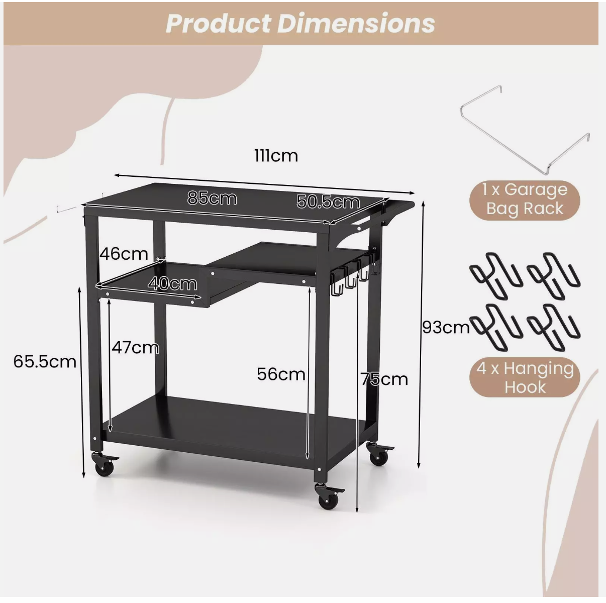 Outdoor Dining Cart Table Pizza Oven Table 3-Shelf Movable BBQ Cart