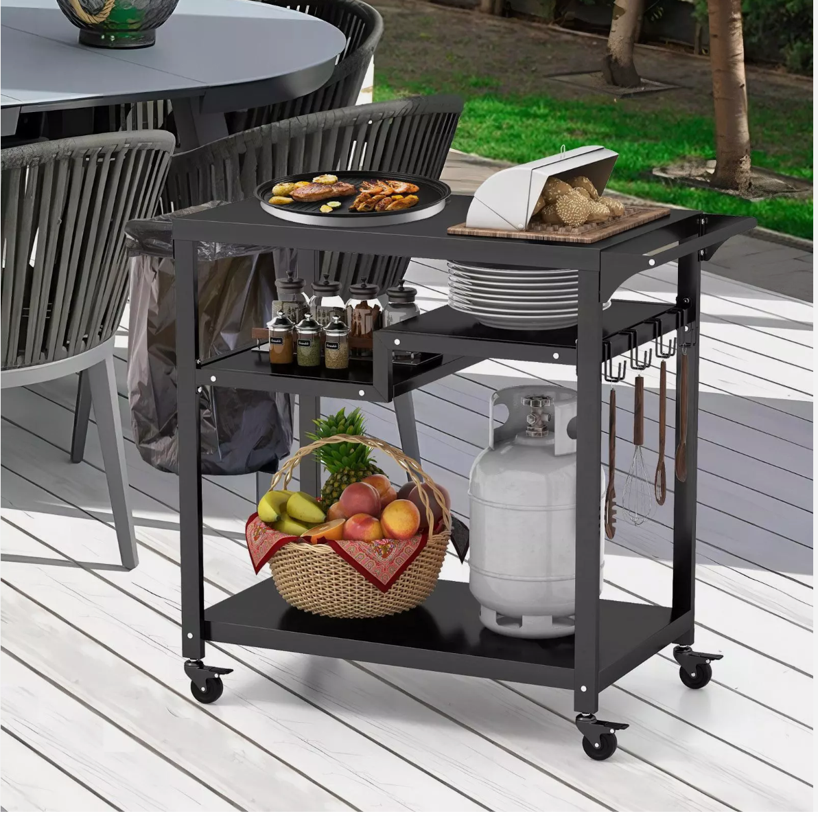 Outdoor Dining Cart Table Pizza Oven Table 3-Shelf Movable BBQ Cart